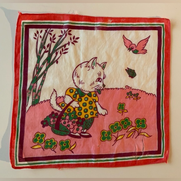 Accessories - Vintage Cat and Bird Print Child’s Handkerchief